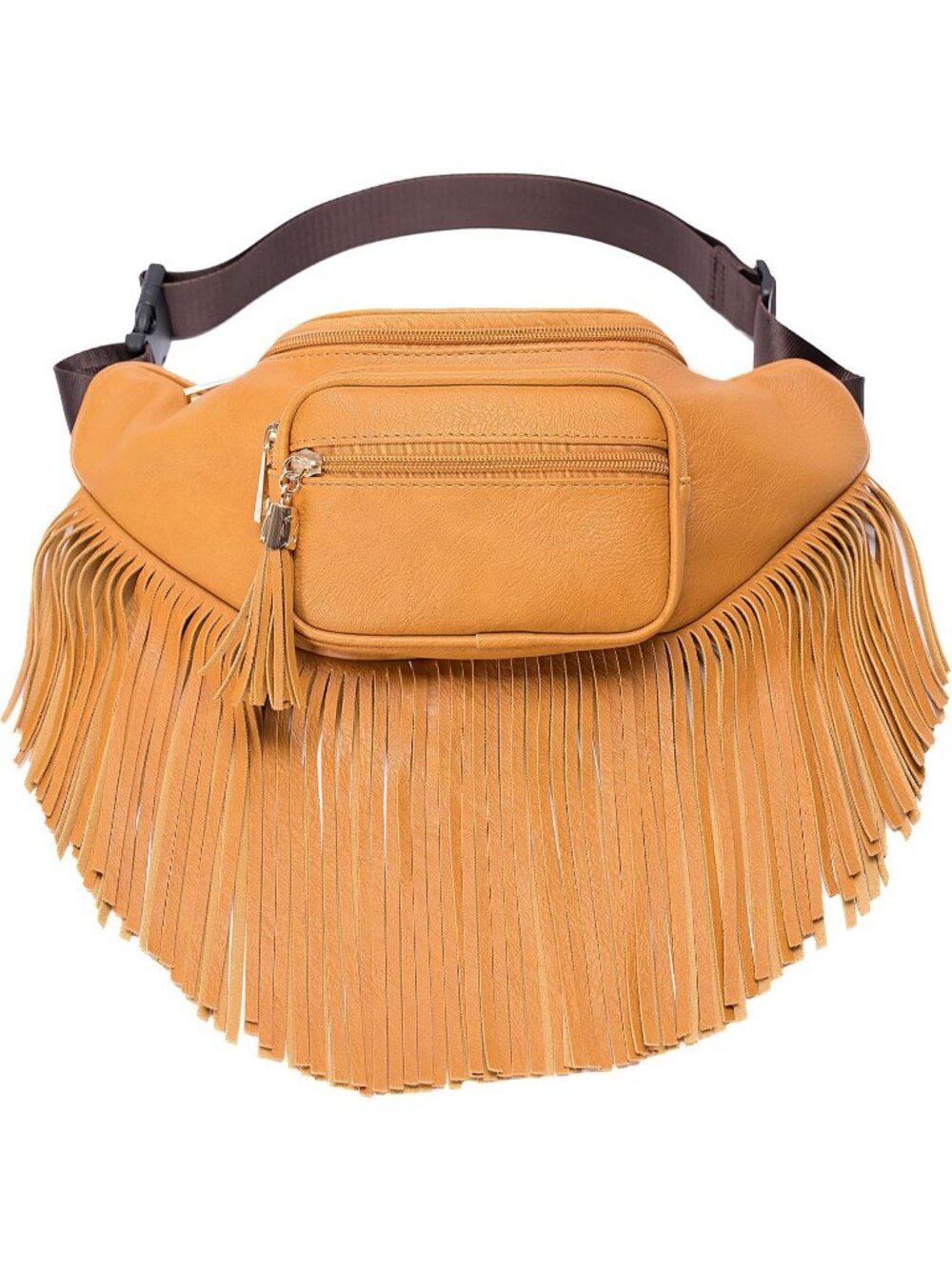 Women's Mustard Fringe Waist With Multi Zipper Pockets Fanny Pack Travel Bags